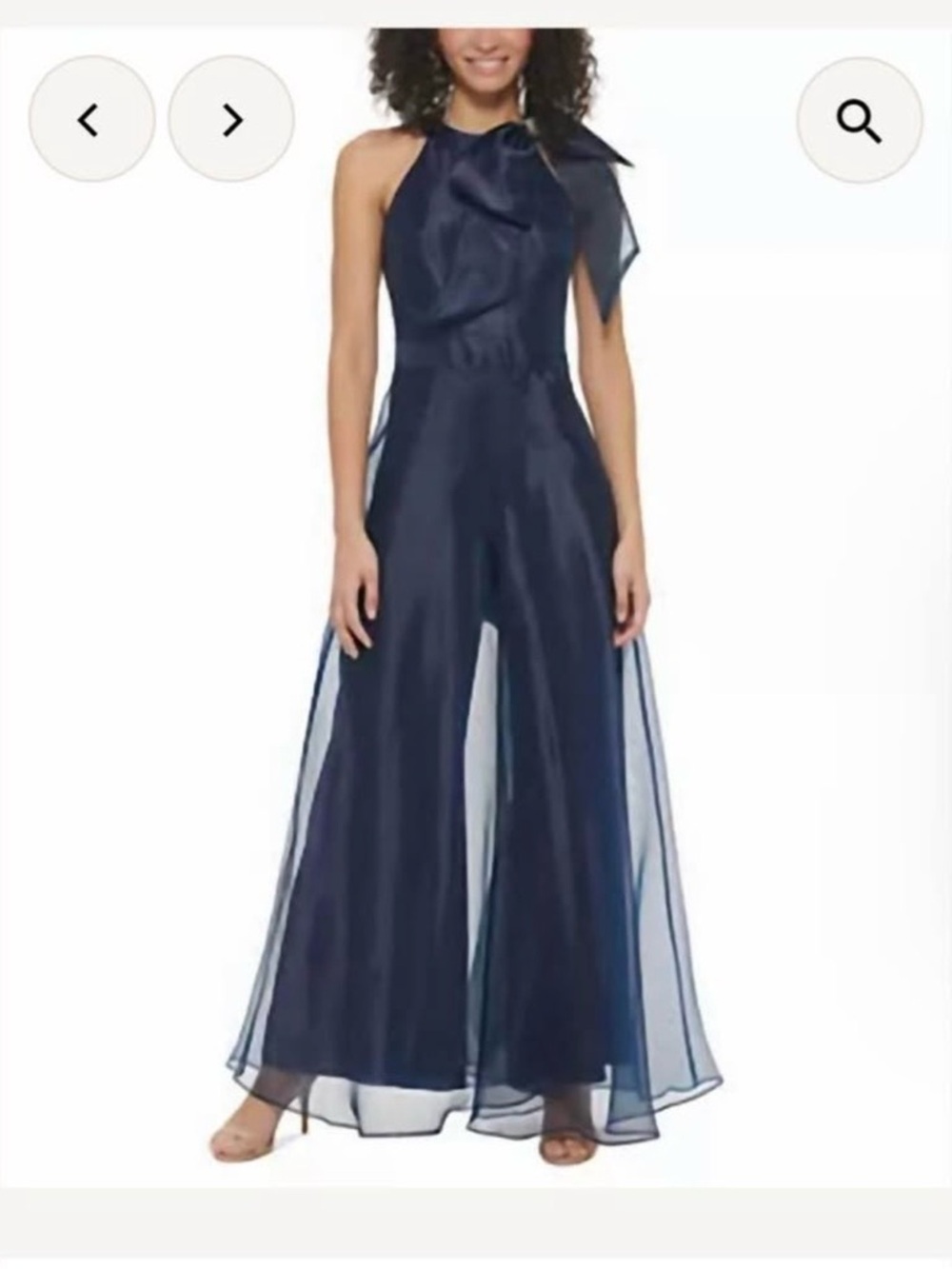 Eliza J Navy Halter Jumpsuit with Side Sheer Panels and Neck Bow